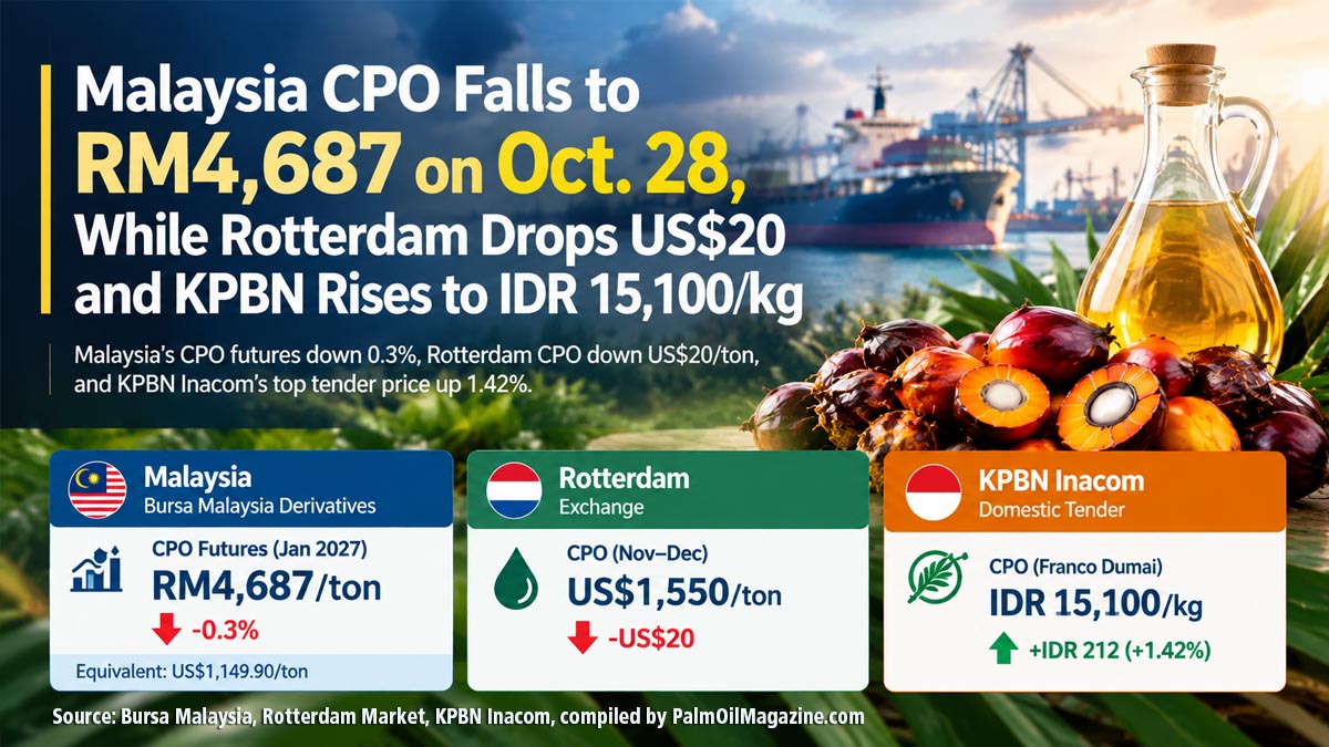 Malaysia CPO Falls to RM4,687 on Oct. 28 as Rotterdam Drops US$20, KPBN Rises to IDR 15,100 Palm Oil Magazine