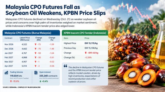 Malaysia CPO Futures Fall as Soybean Oil Weakens, KPBN CPO Price Slips Palm Oil Magazine